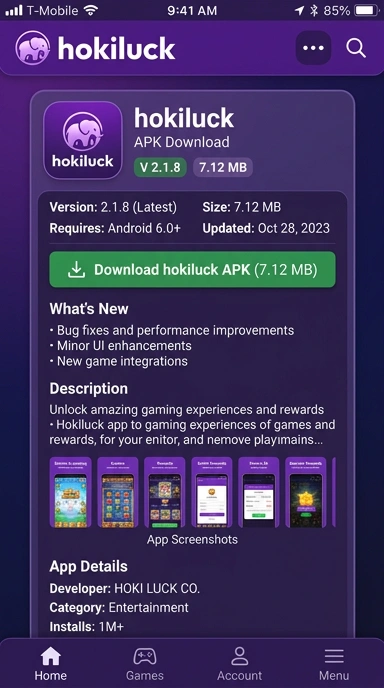 Tampilan halaman APK hokiluck